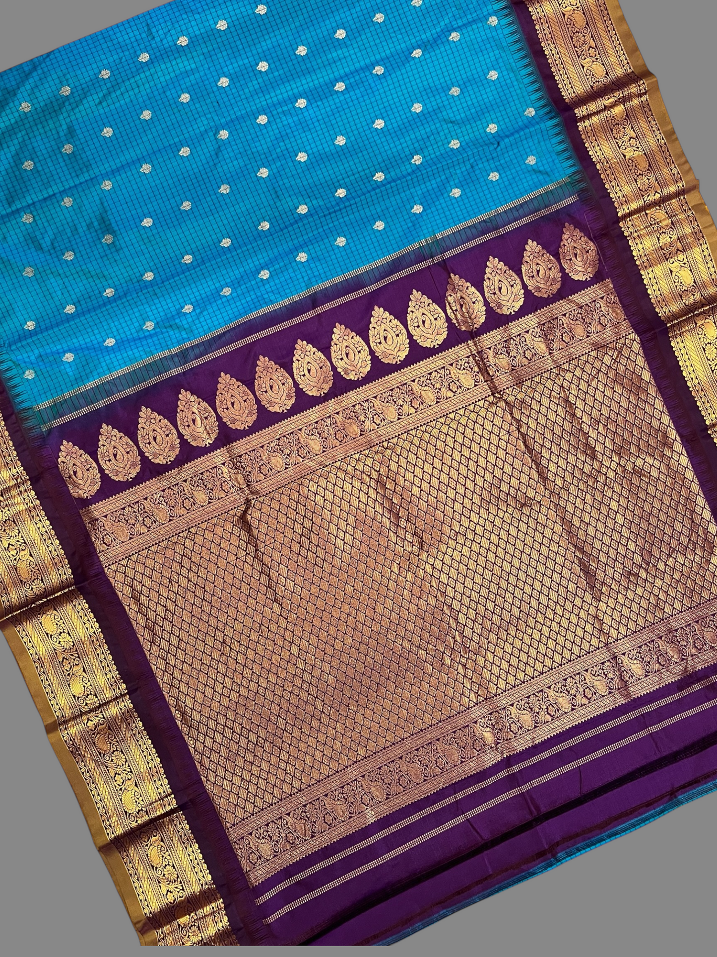 Gadwal Small Checks Butta Rama Blue Pure Silk Sarees