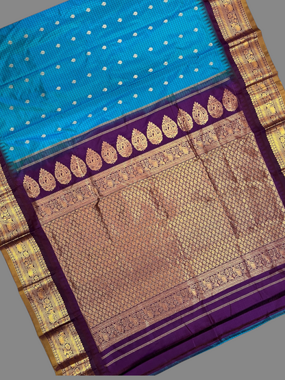 Gadwal Small Checks Butta Blue Pure Silk Sarees