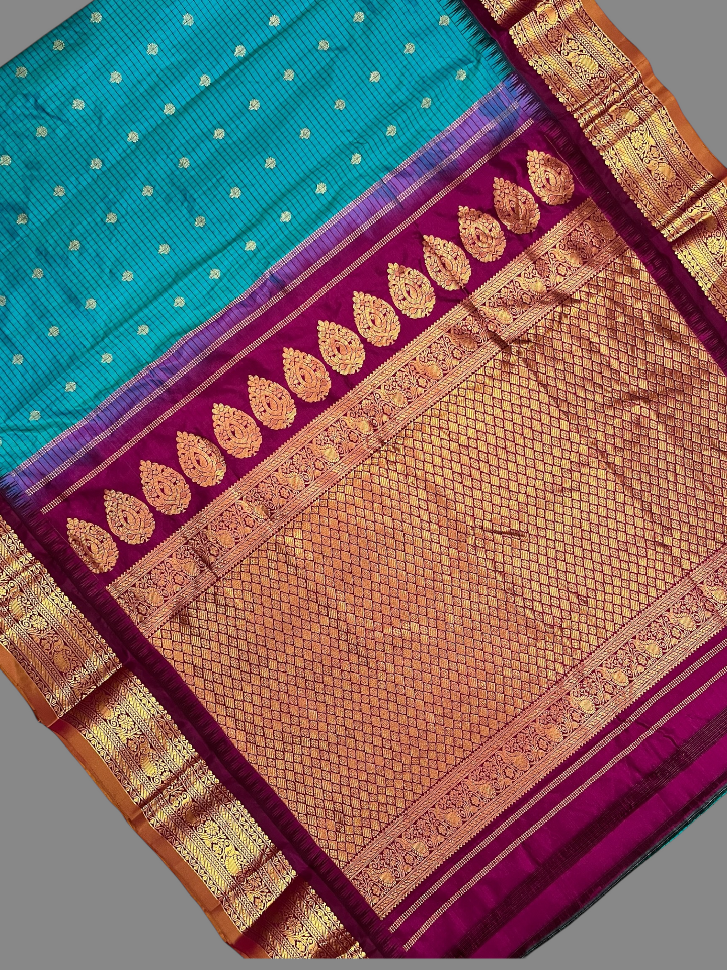 Gadwal Small Checks Butta Rama Green Pure Silk Sarees