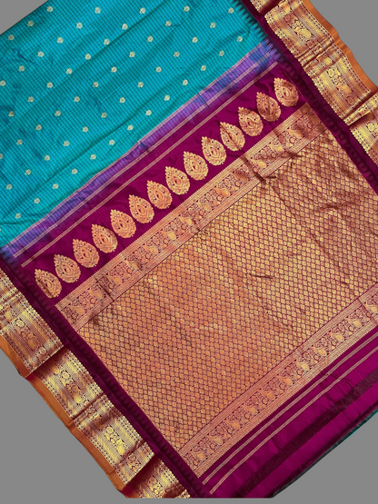 Gadwal Small Checks Butta Rama Green Pure Silk Sarees