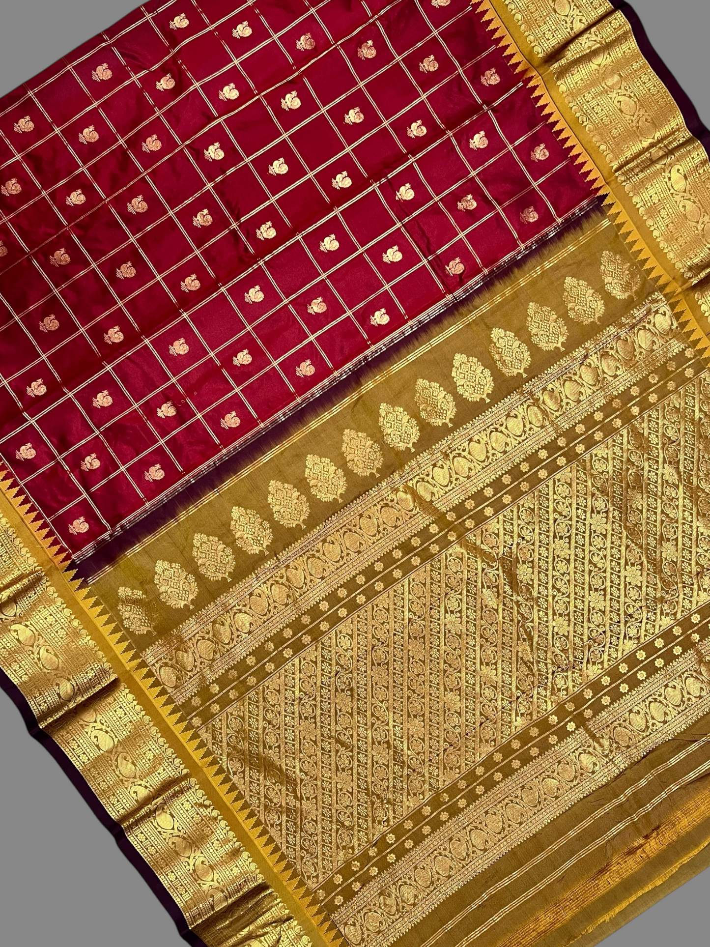 Bridal Big Checks Butta Brown Pure Silk Sarees