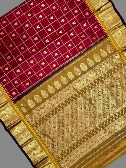 Bridal Big Checks Butta Brown Pure Silk Sarees