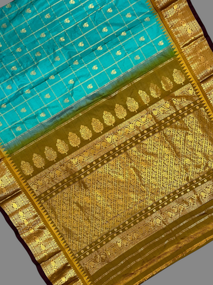 Bridal Big Checks Butta Rama Blue Pure Silk Sarees