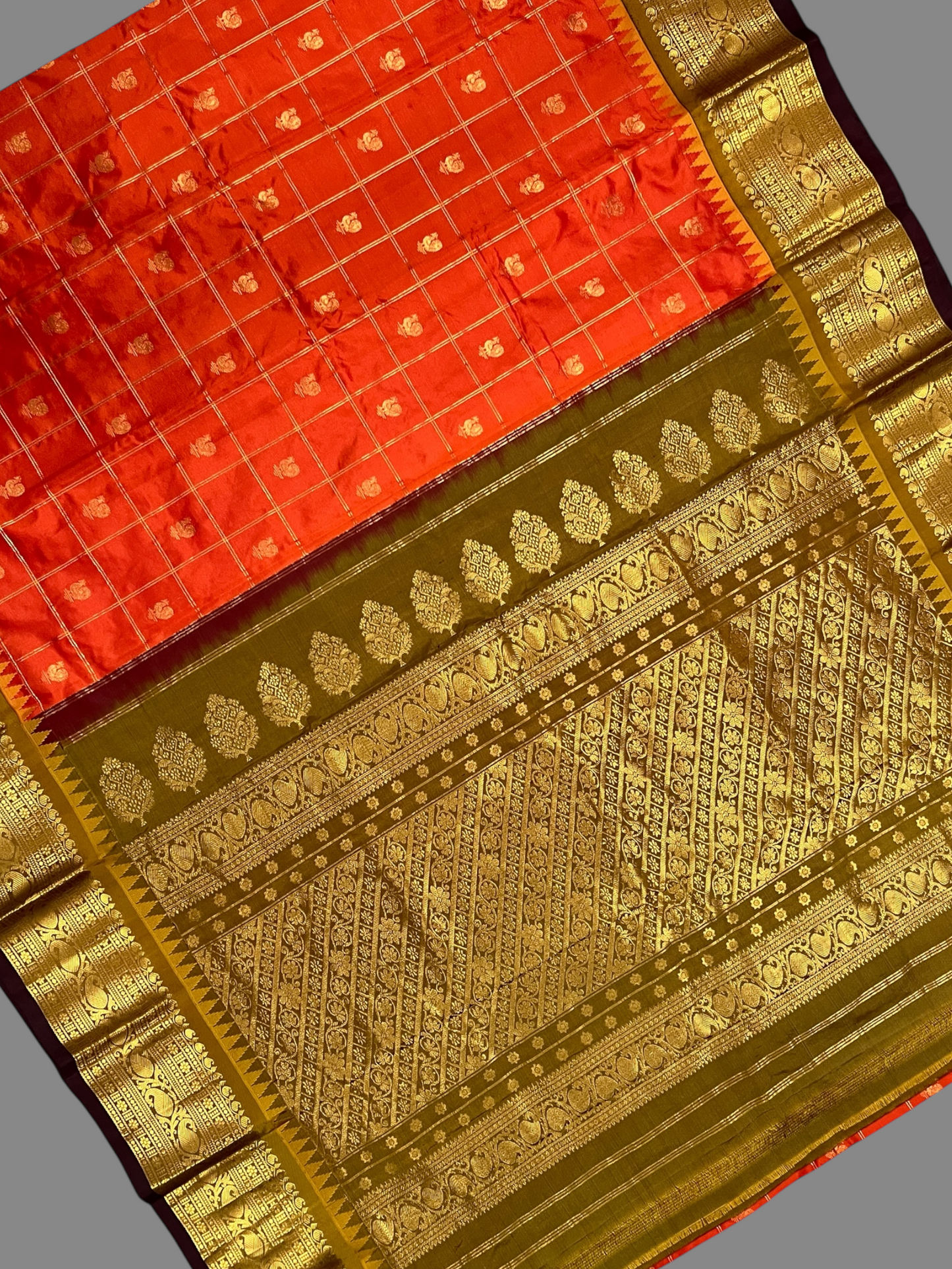 Bridal Big Checks Butta Orange Pure Silk Sarees