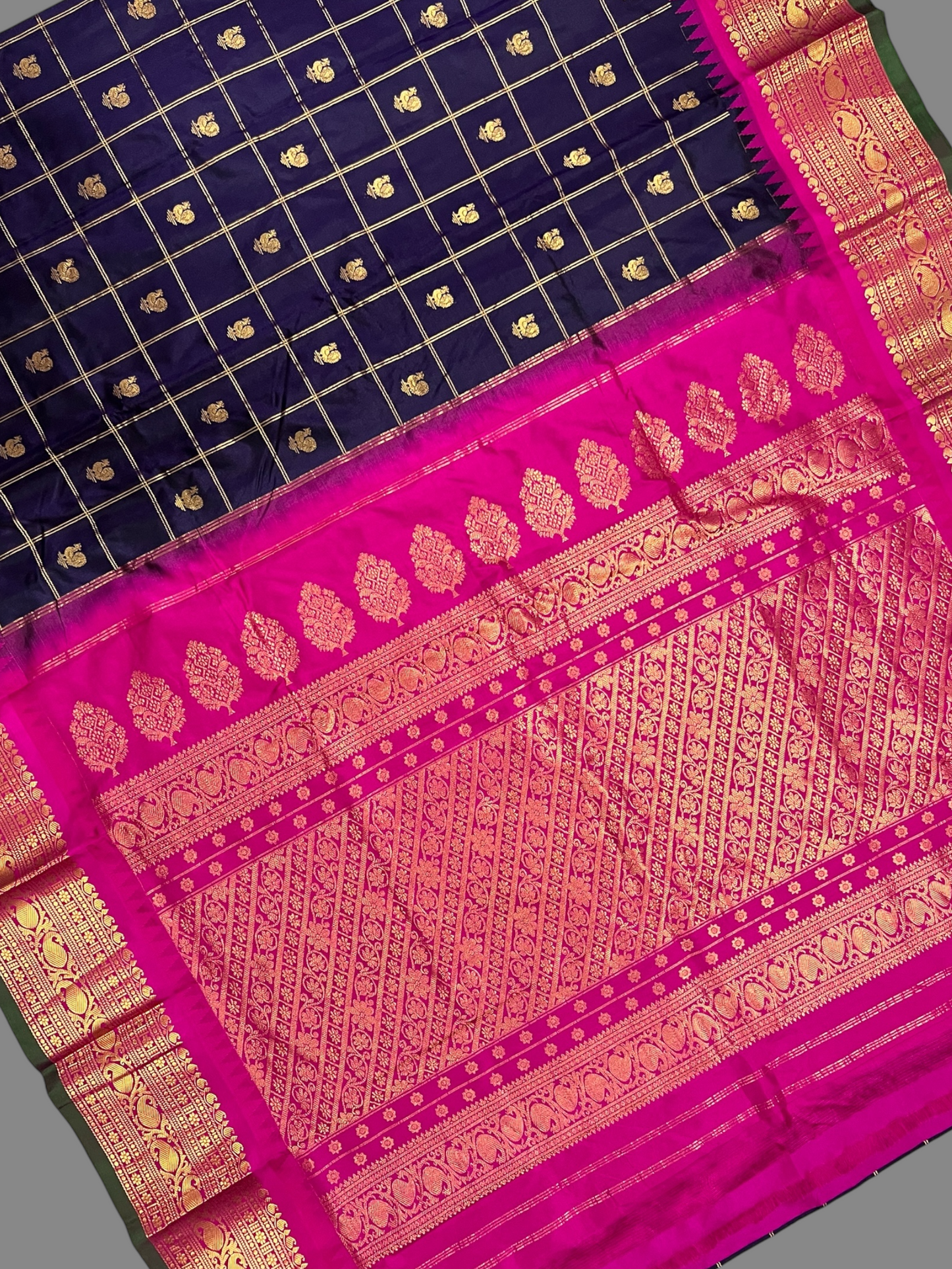 Bridal Big Checks Butta Navy Blue Pure Silk Sarees