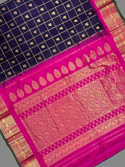 Bridal Big Checks Butta Navy Blue Pure Silk Sarees
