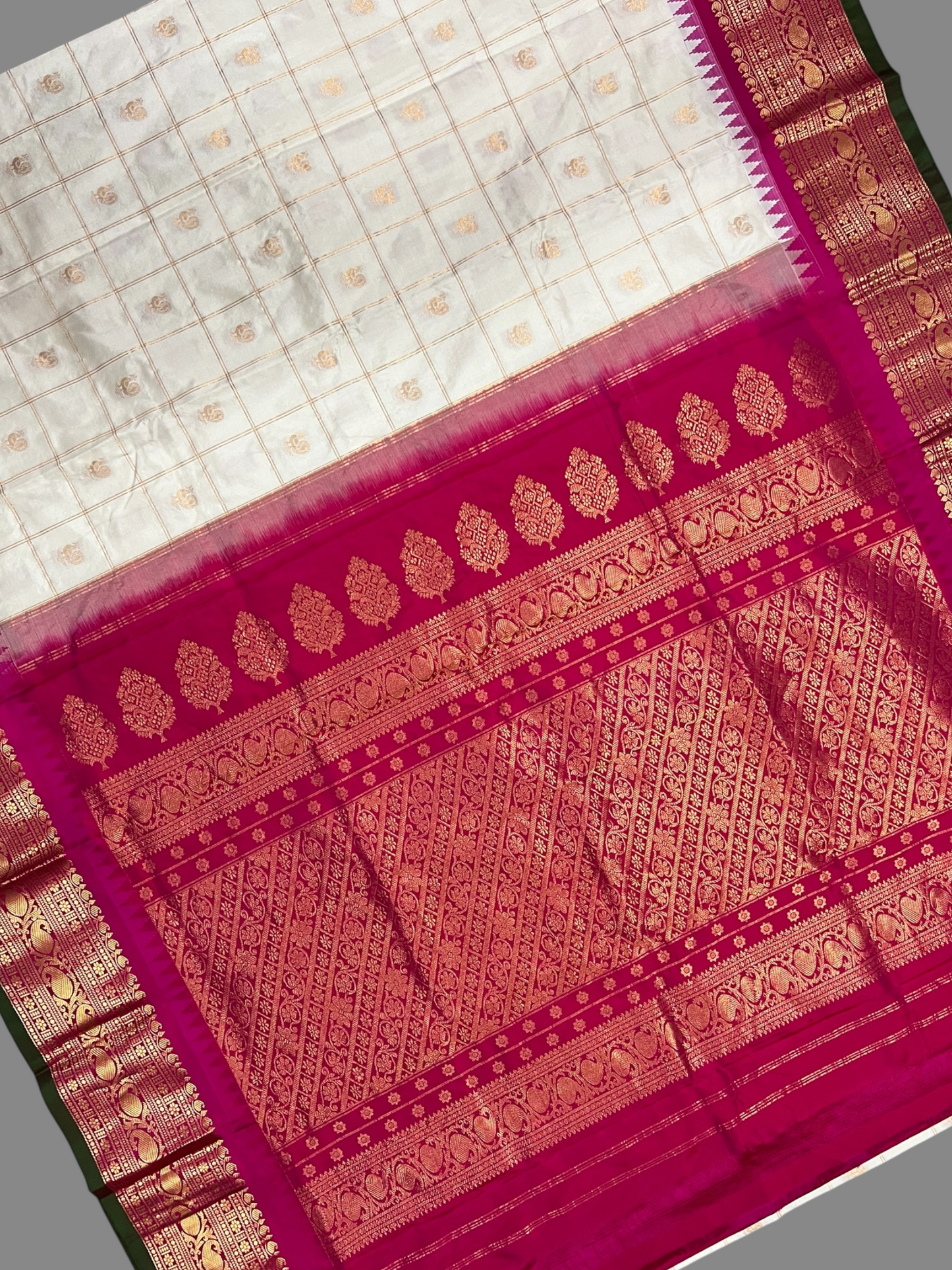 Bridal Big Checks Butta Half White Pure Silk Sarees
