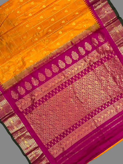 Bridal Big Checks Butta Mustard Pure Silk Sarees