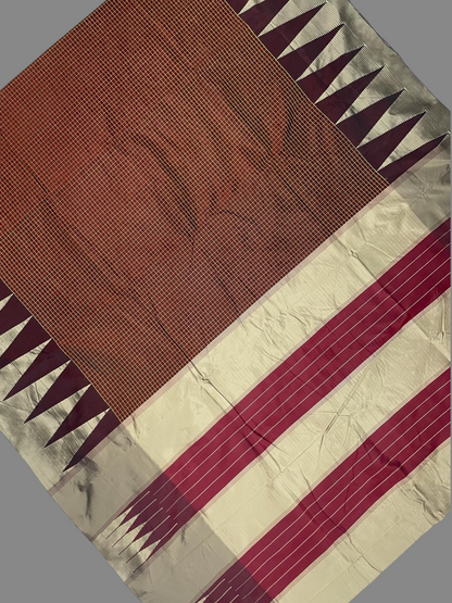 Big Temple Checks Maroon Half Mix Saree