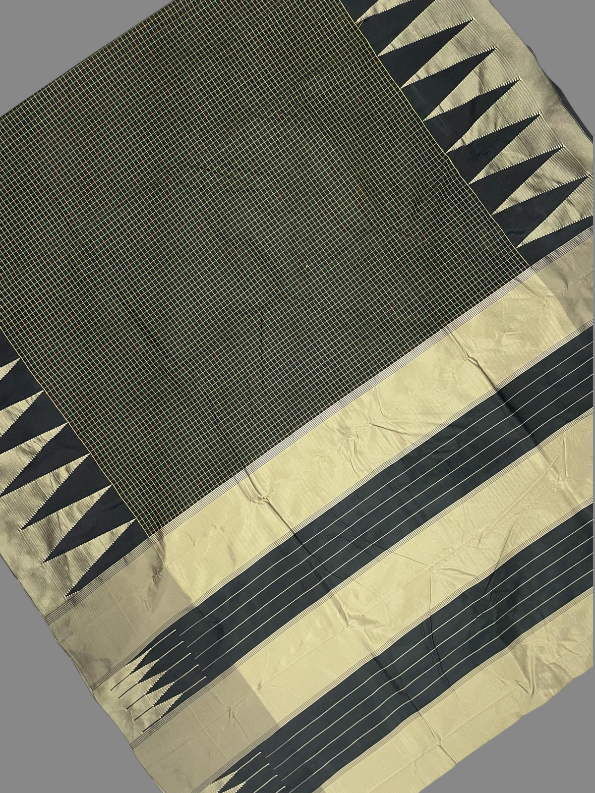 Big Temple Checks Black Half-Mix Sarees