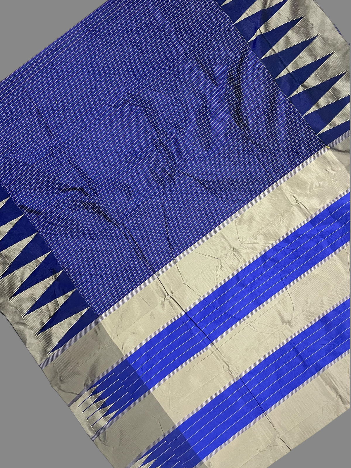 Big Temple Checks Navy Blue Half-Mix Sarees