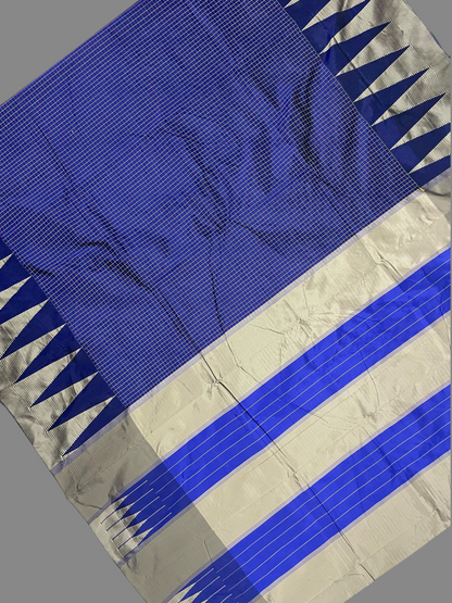 Big Temple Checks Navy Blue Half-Mix Sarees