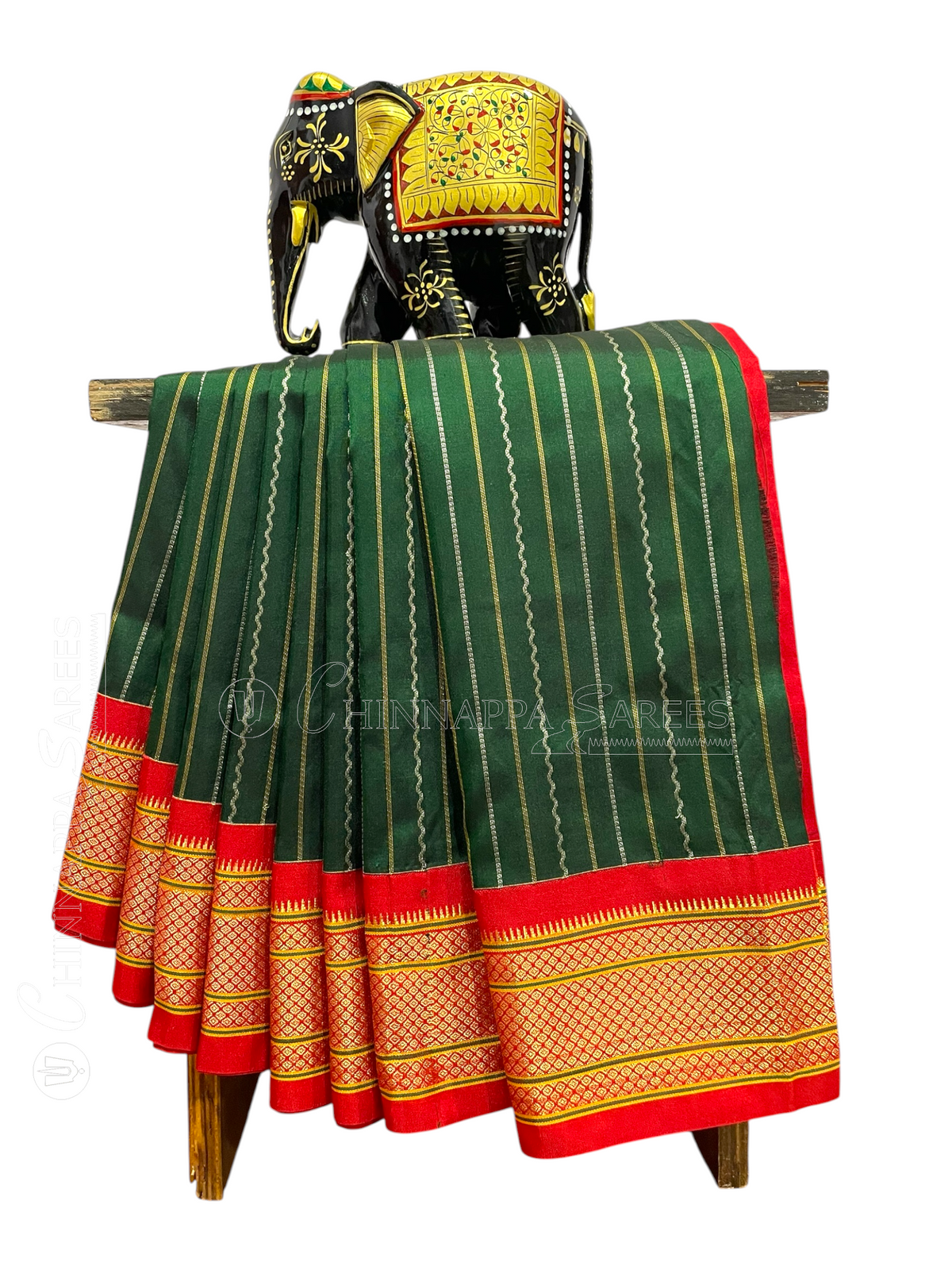 Paithani Stripes Forest Green Pure Silk Saree