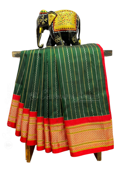 Paithani Stripes Forest Green Pure Silk Saree