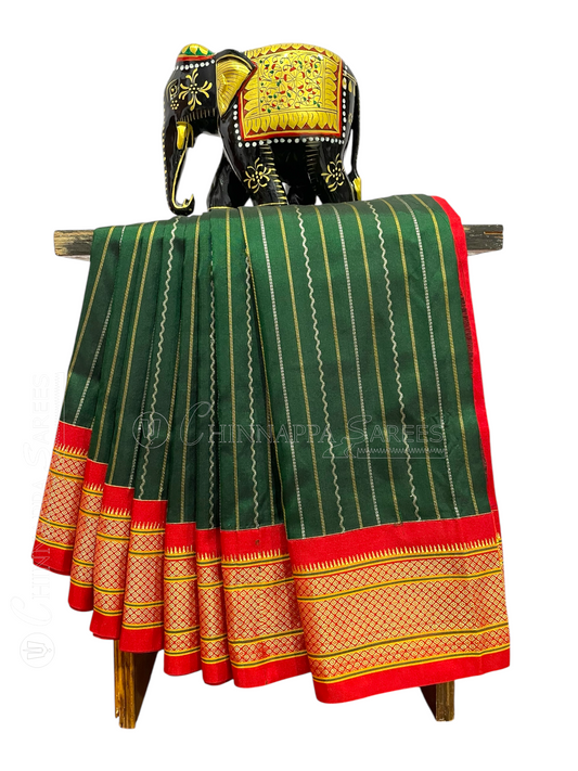 Paithani Stripes Forest Green Pure Silk Saree