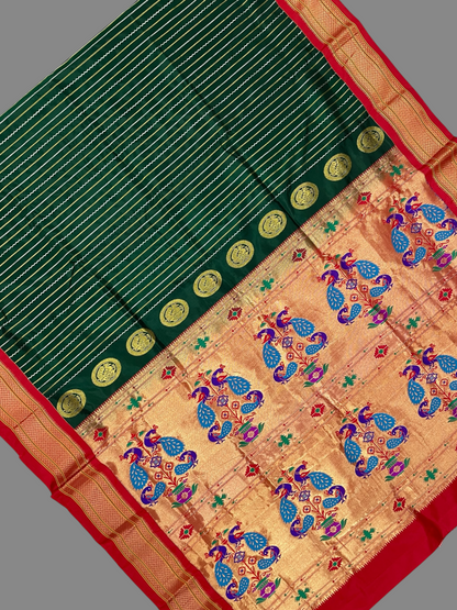 Paithani Stripes Forest Green Pure Silk Saree