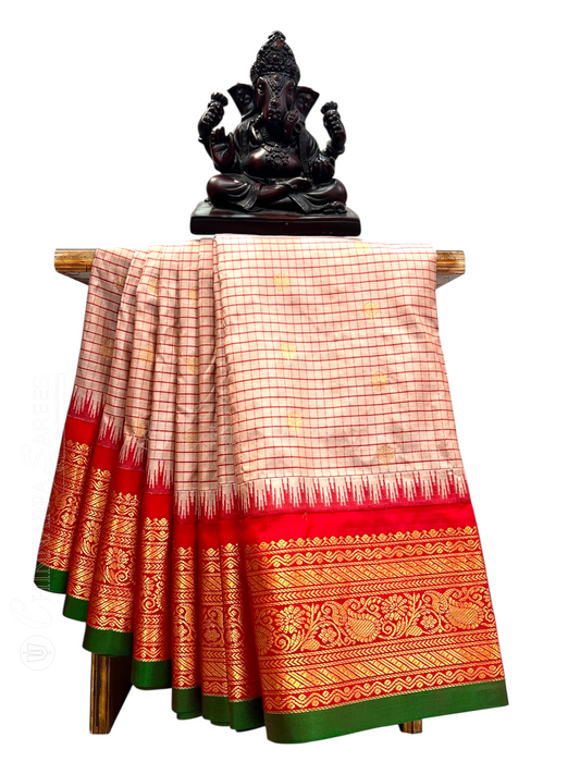 Gadwal Small Checks Butta Light Peach Pure Silk Sarees
