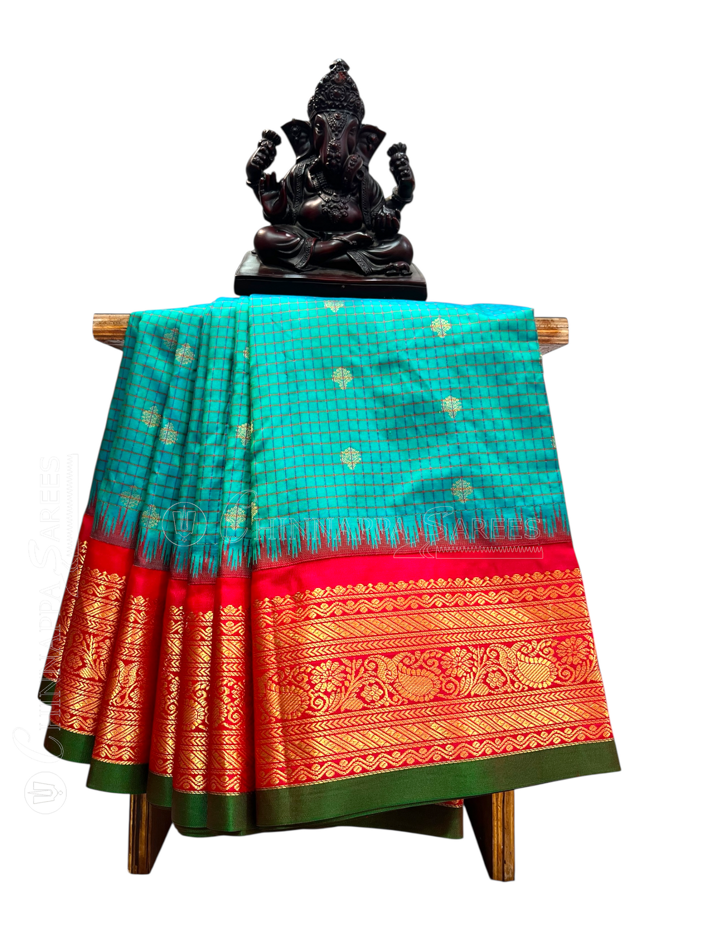 Gadwal Small Checks Butta Emerald Green Pure Silk Sarees