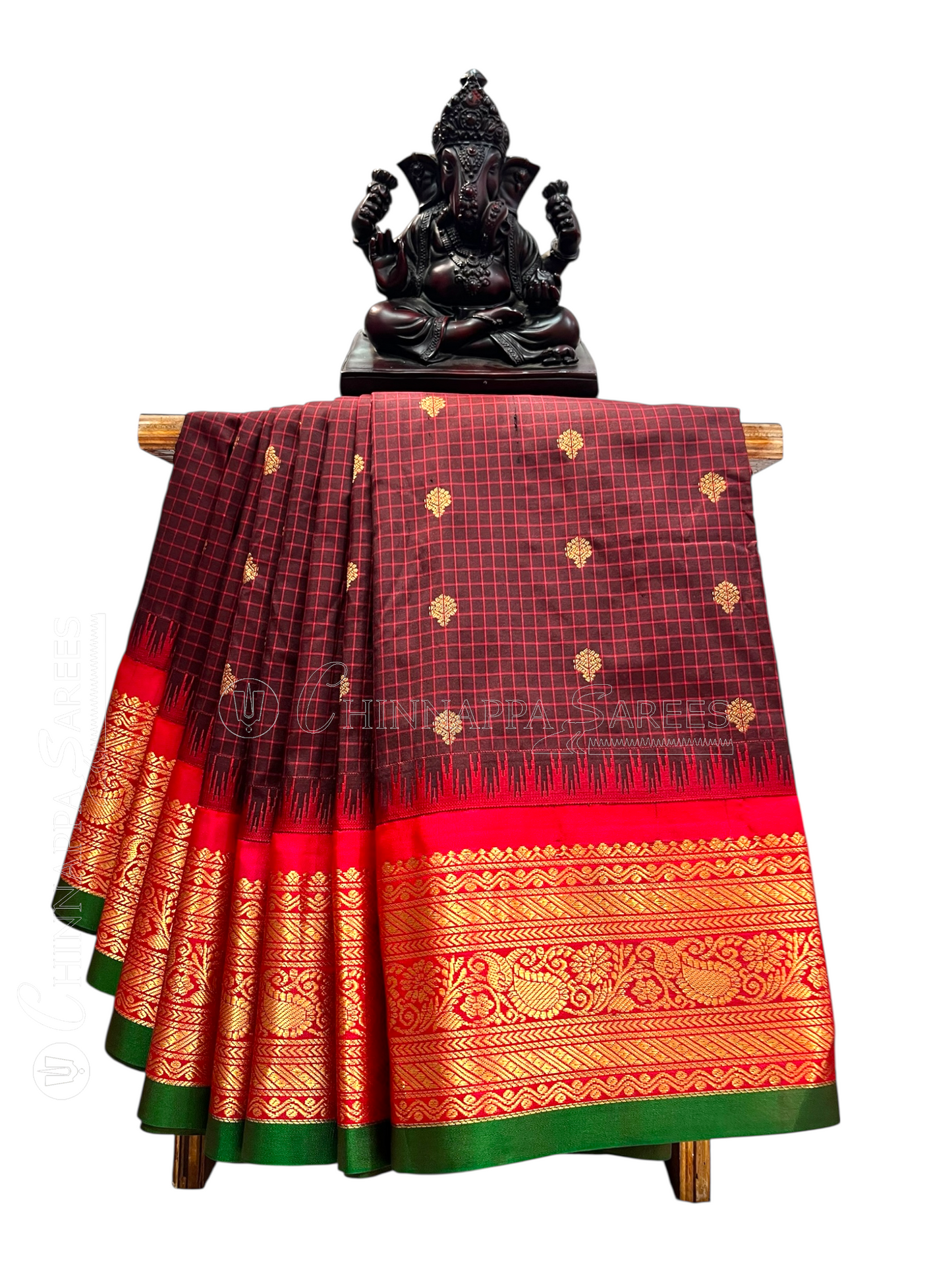 Gadwal Small Checks Butta Brown Pure Silk Sarees