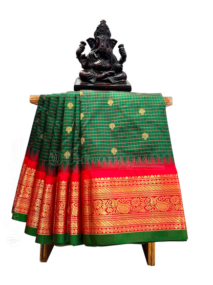 Gadwal Small Checks Butta Green Pure Silk Sarees