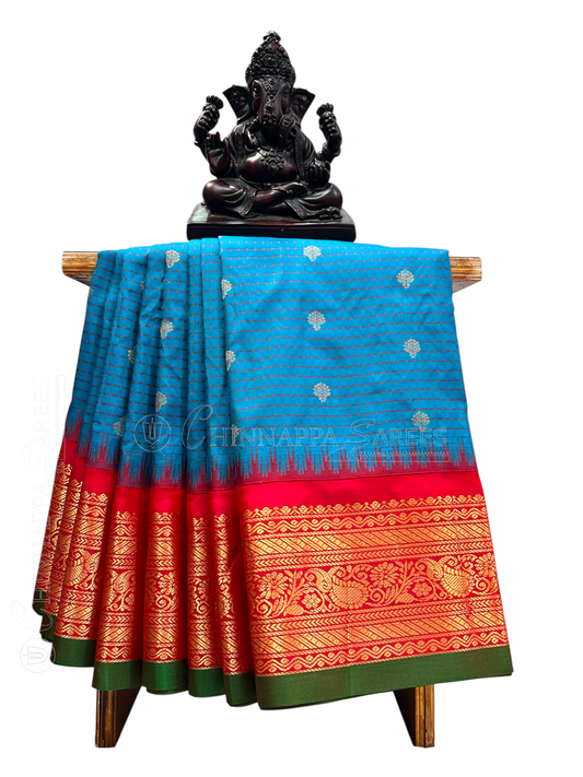 Gadwal Small Checks Butta Blue Pure Silk Sarees