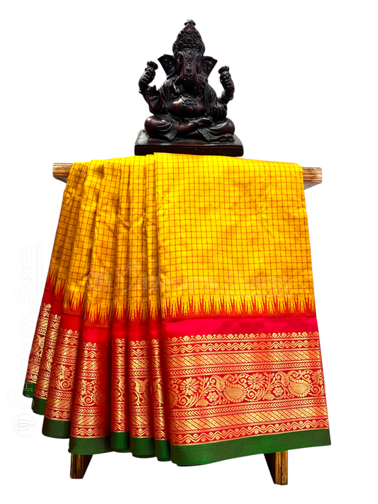Gadwal Small Checks Butta Yellow Pure Silk Sarees