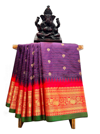 Gadwal Small Checks Butta Dark Purple Pure Silk Sarees