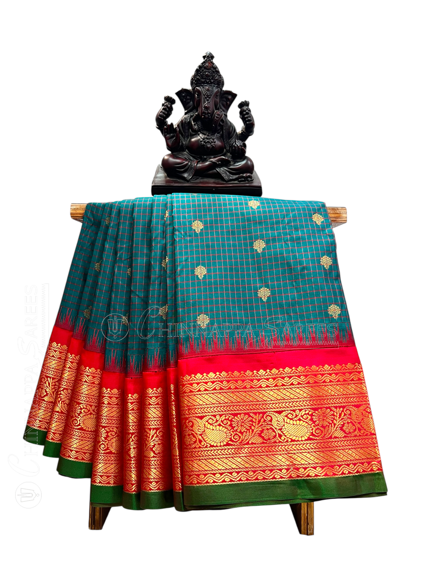 Gadwal Small Checks Butta Dull Green Pure Silk Sarees