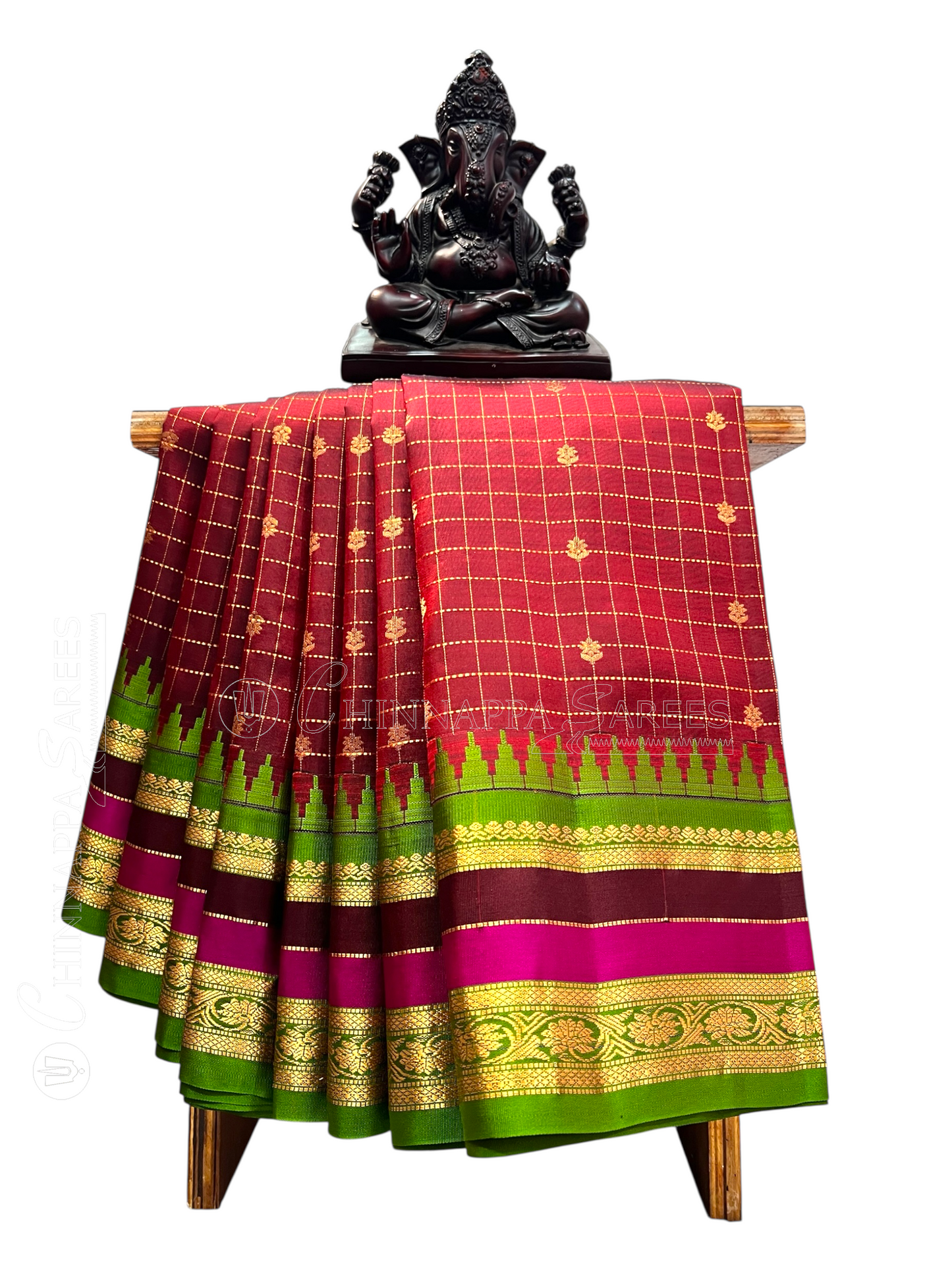 Gap Border Checks Red Brown Pure Silk Saree