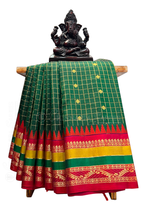 Gap Border Checks Peacock Dark Green Pure Silk Saree