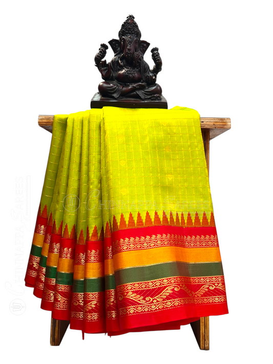 Gap Border Checks Light Lemon Green Pure Silk Saree