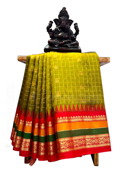 Gap Border Checks Mehndi Green Pure Silk Saree