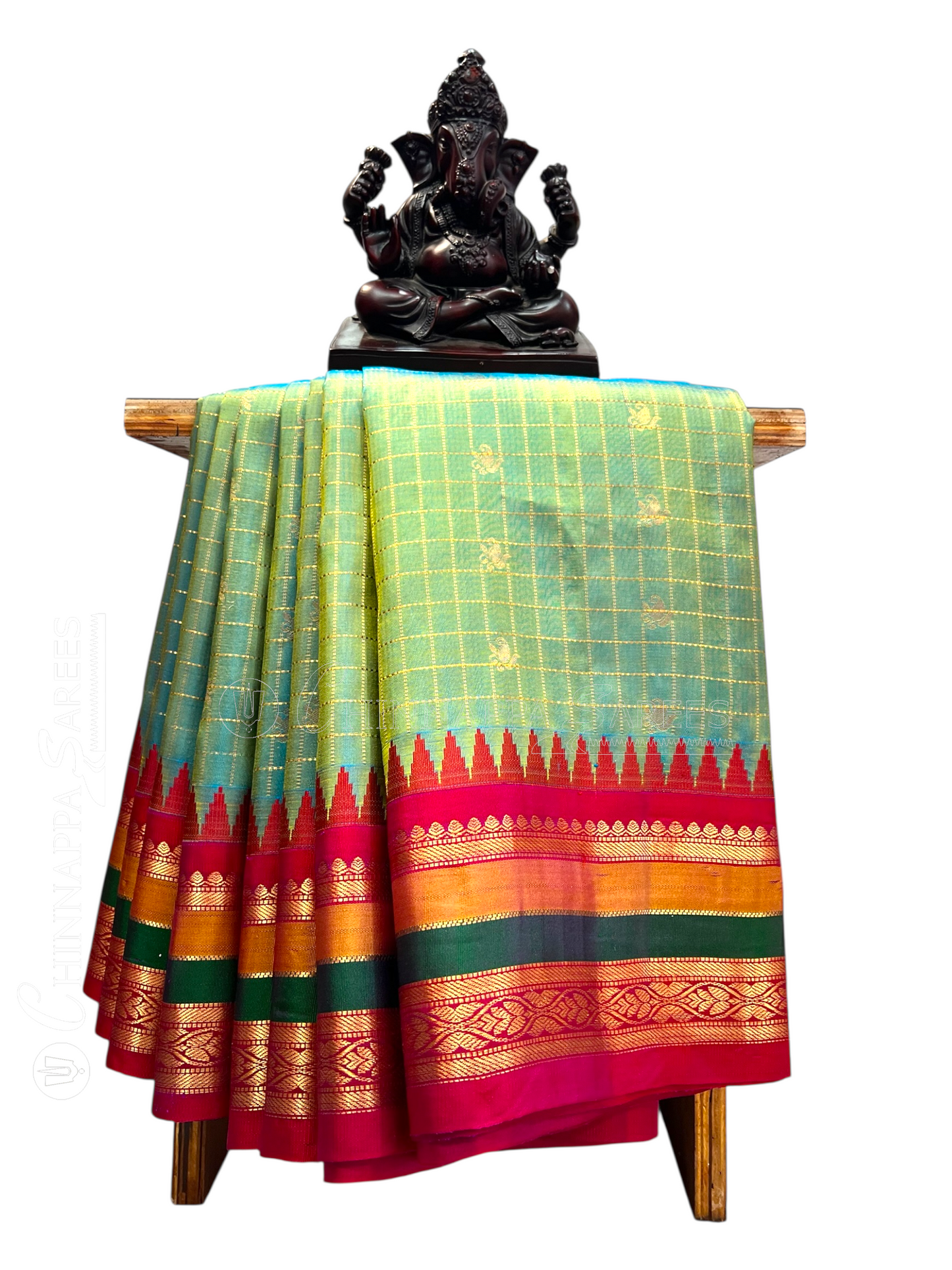 Gap Border Checks Light Mint Green Pure Silk Saree