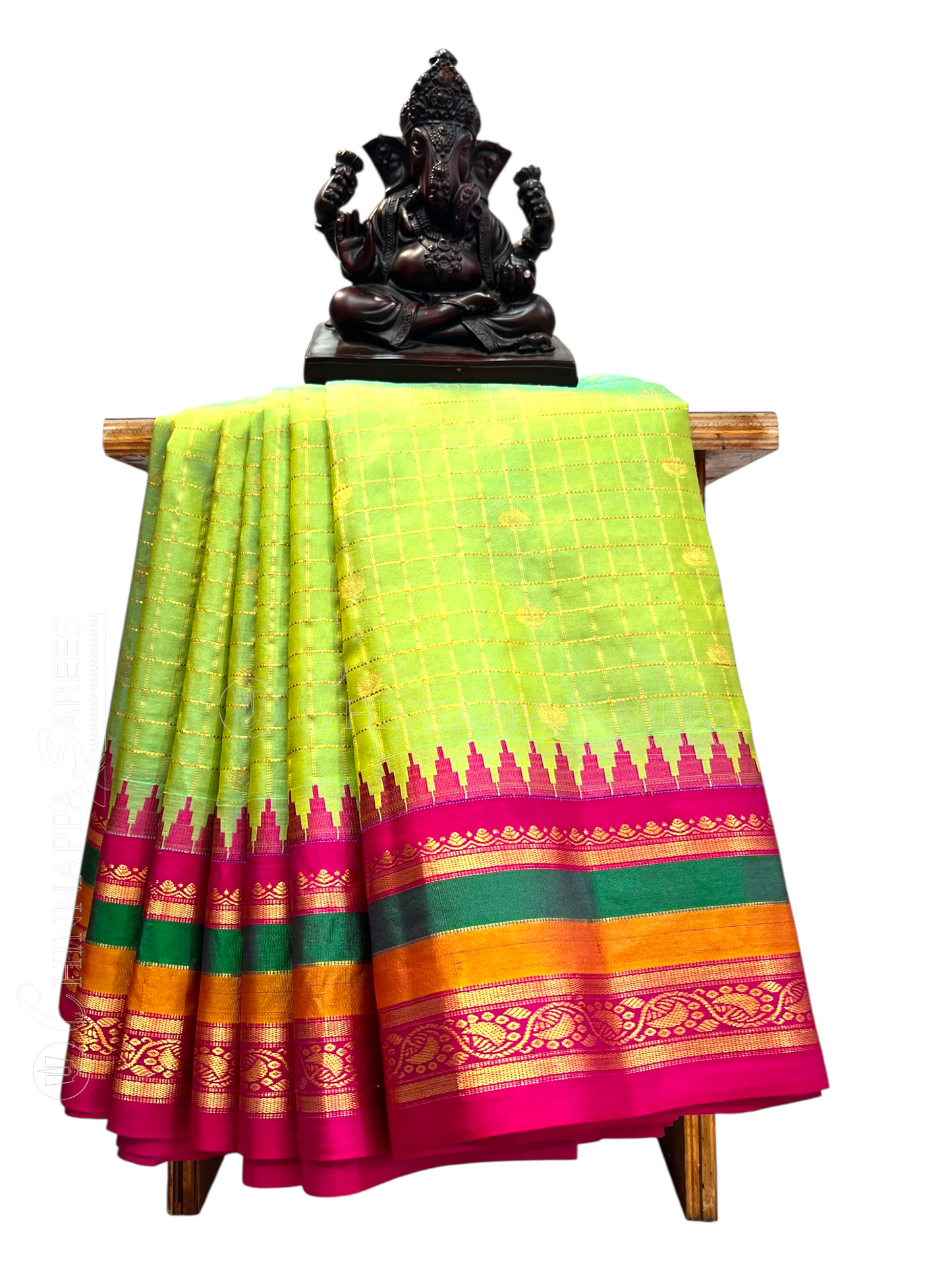 Gap Border Checks Light Pista Green Pure Silk saree