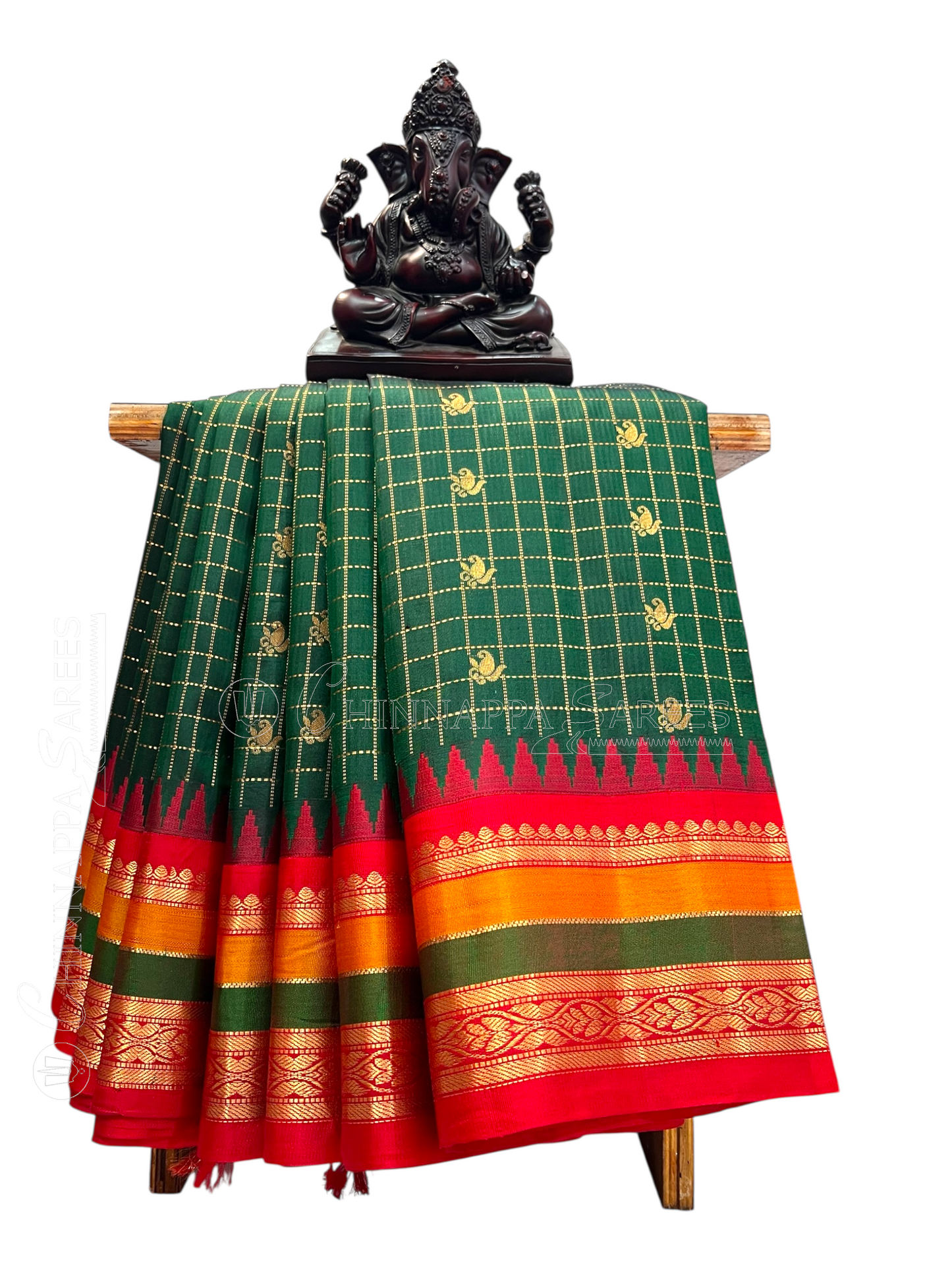 Gap Border Checks Dark Green Pure Silk Saree