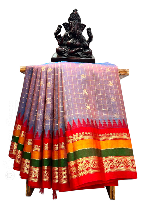 Gap Border Checks Pink Grey Pure Silk Saree