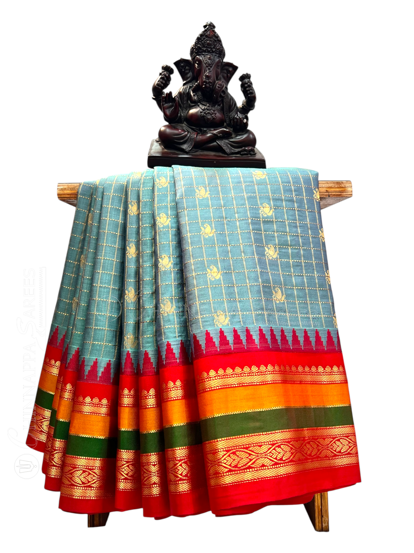 Gap Border Checks Blue Grey Pure Silk Saree