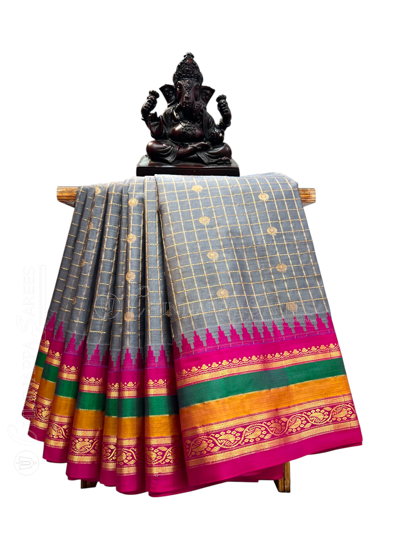 Gap Border Checks Grey Pure Silk Saree