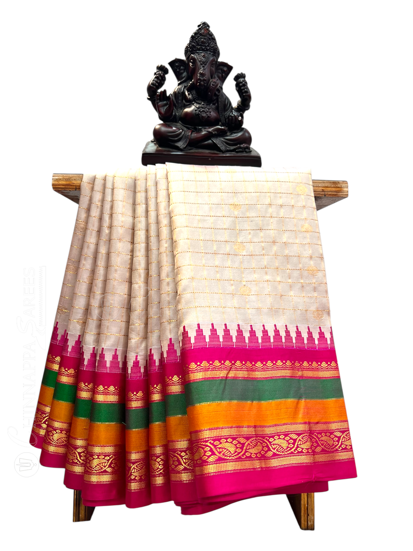 Gap Border Checks Half White Pure Silk Saree