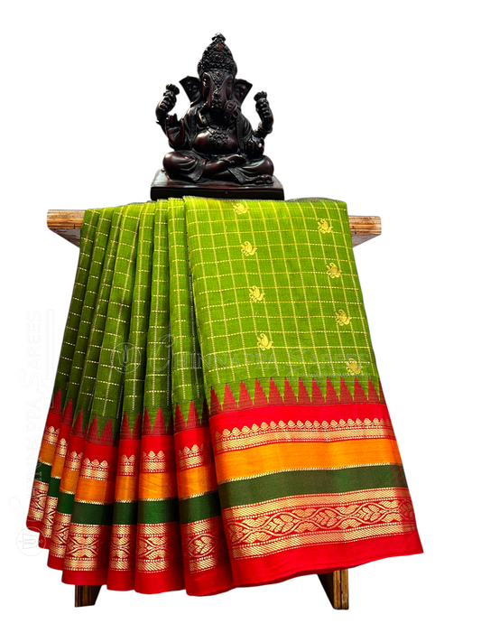 Gap Border Checks Dull Green Pure Silk Saree