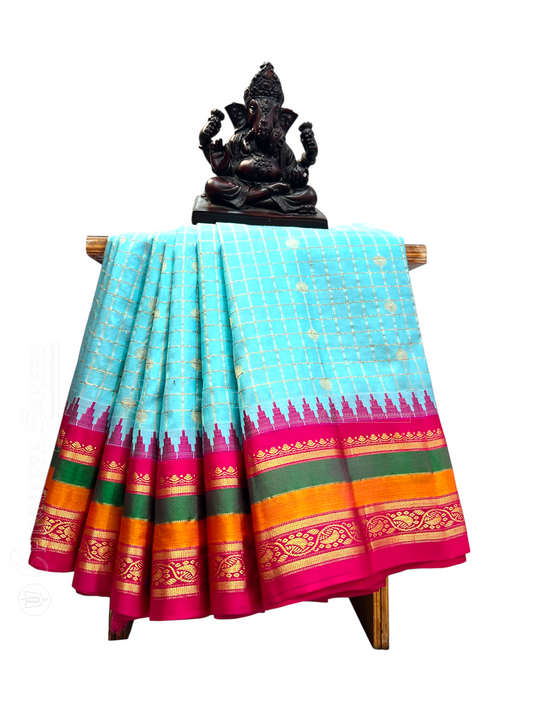 Gap Border Checks Light Sky Blue Pure Silk Saree