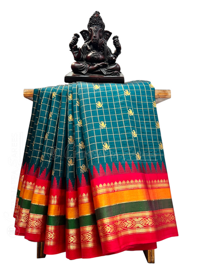 Gap Border Checks Peacock Green Pure Silk Saree