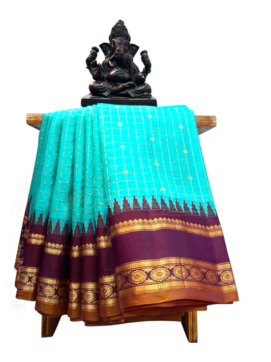 Gap Border Checks Light Rama Blue Pure Silk Saree