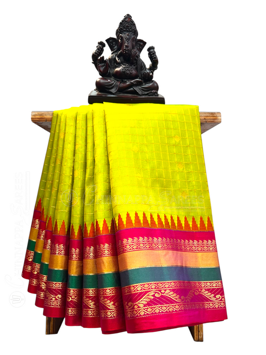 Gadwal Border Checks Lemon Pure Silk Saree