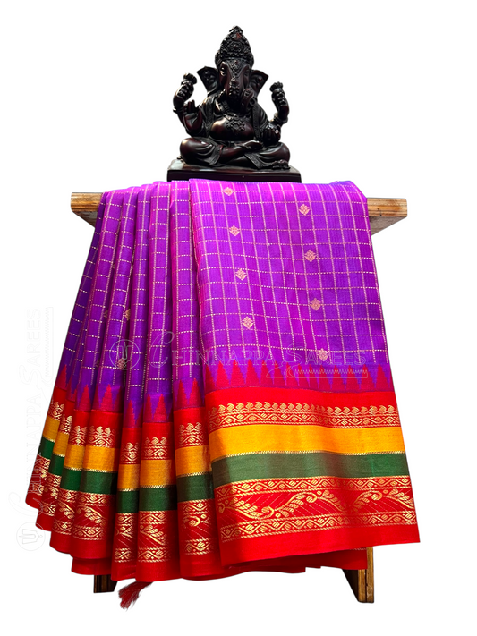 Gap Border Checks Violet Pure Silk Saree
