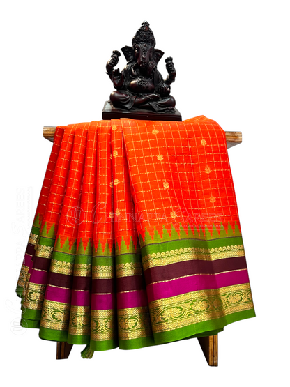 Gap Border Checks Red Orange Pure Silk Saree