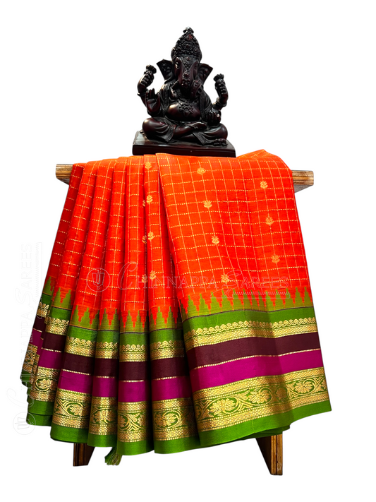 Gap Border Checks Red Orange Pure Silk Saree