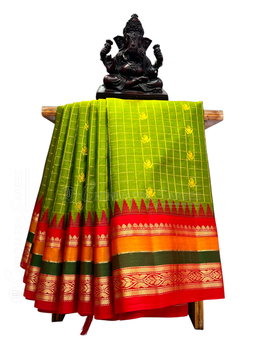 Gap Border Checks Light Dull Green Pure Silk Saree