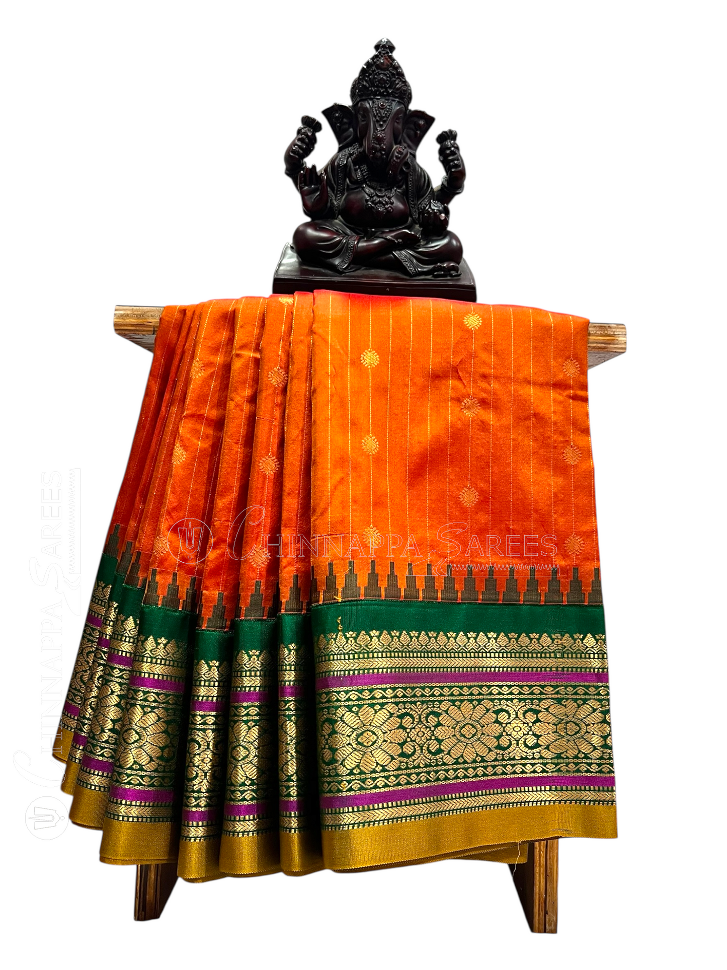 Kanchi Orange Stripes Butta Pure Silk Sarees