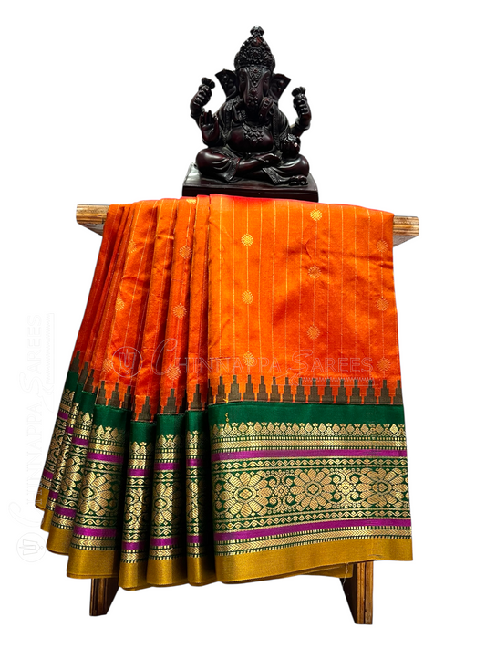 Kanchi Orange Stripes Butta Pure Silk Sarees